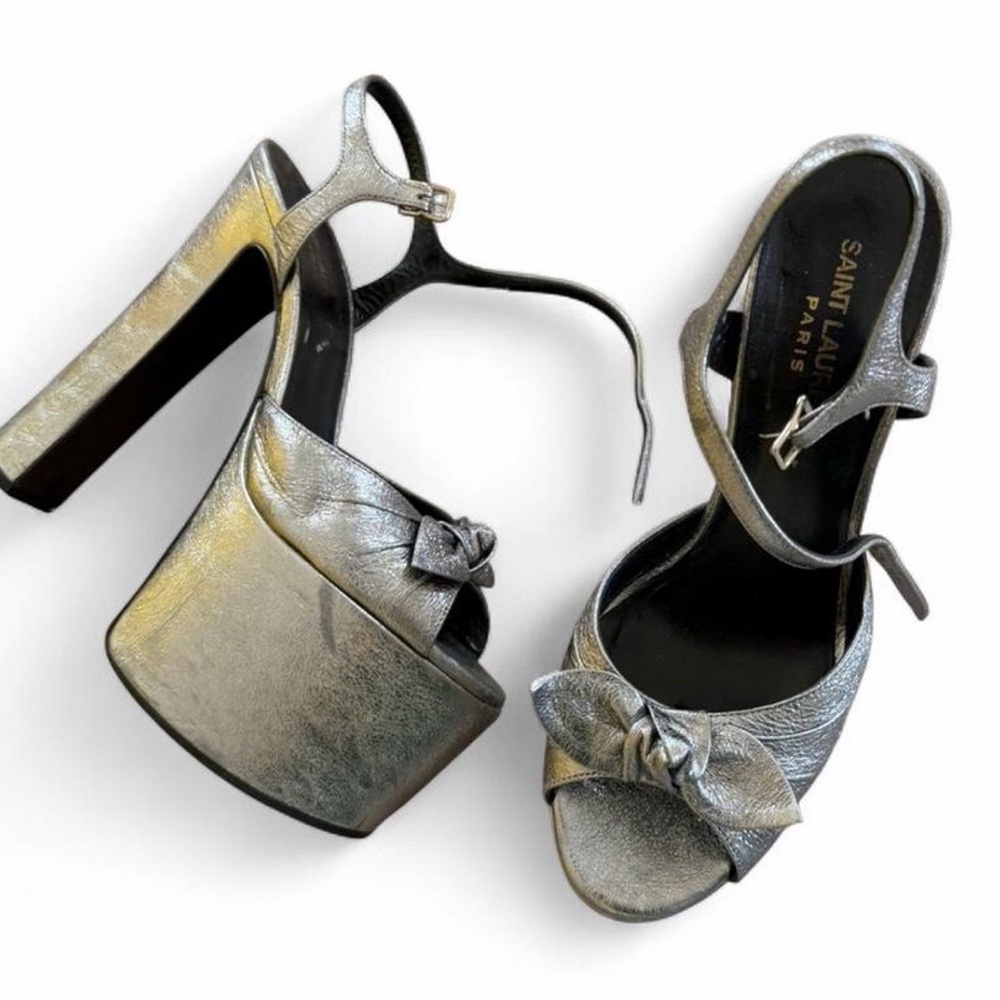 Saint Laurent Metallic Silver Knotted Platform Sandals